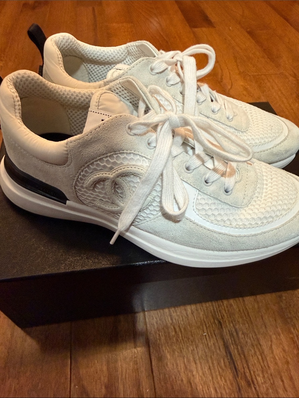 CHANEL Off-White Mesh & Suede Lace-Up Sneakers - Picture 2 of 5